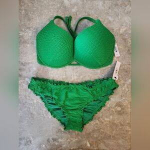 34B/S VS Swim Bombshell PushUp Bikini Top Ruffle Cheeky Bikini Set Green Fishnet